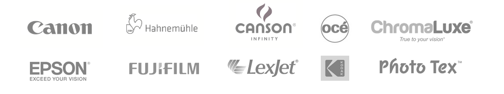 We use products from Canon, Fujifilm, Oce, kodak. hahnemuhle, canson-infinity, lexjet, chromaluxe, phototex, and more